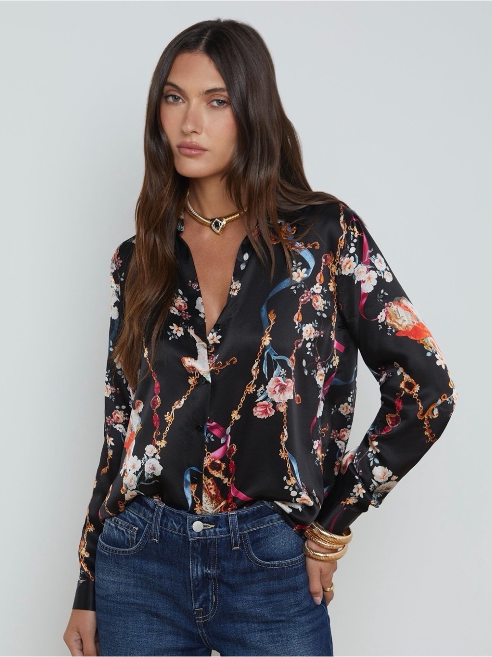 L'AGENCE Tyler Floral Silk Button-Front Blouse